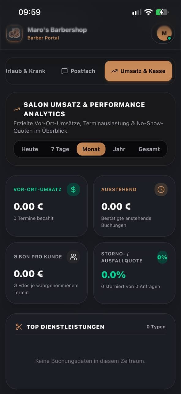deinBarber Salon Umsatz und Performance Analytics Screen